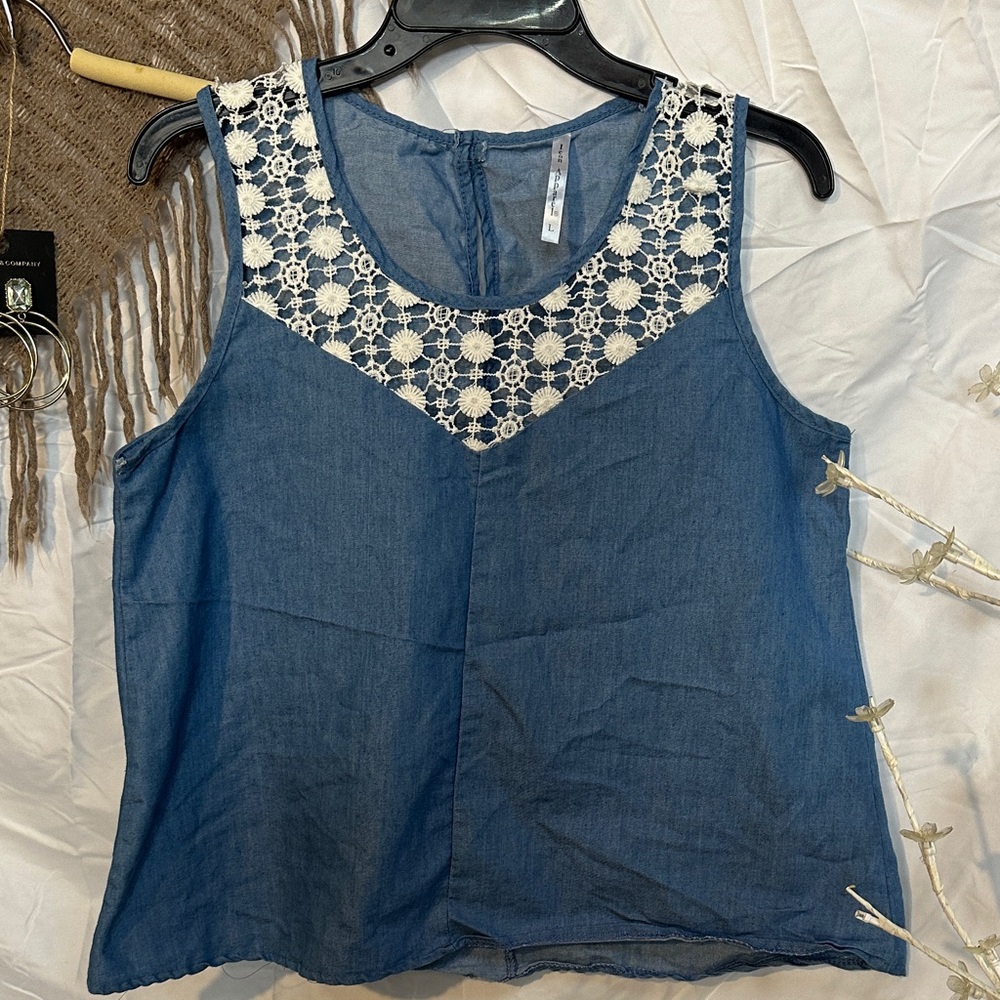 Denim Blue Sleeveless Top with Lace Yoke - Picture 1 of 2